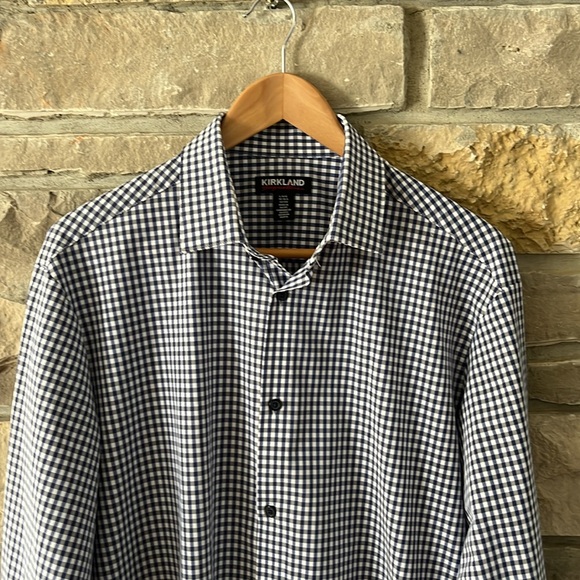 Kirkland Blue Gray and White Gingham Button Down Shirt size Large 16-16.5 32/33 - Picture 2 of 15